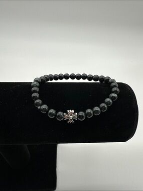 Dark Green Jade Bracelet with Silver Cross Accent